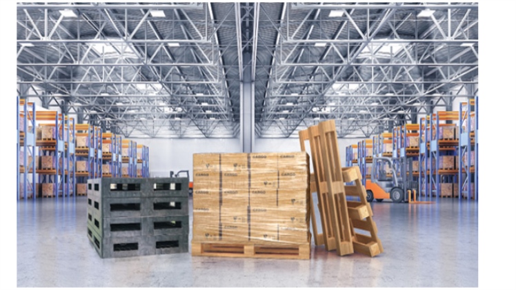 wooden and metal pallets in a warehouse